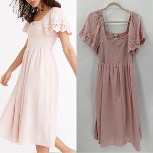 Madewell Linen Blend Eyelet-Sleeve Lucie Smocked Midi Dress  Size Large